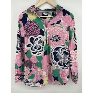 Talbots Blouse Size Large Pink Blue Tropical Floral Popover Collared Resort